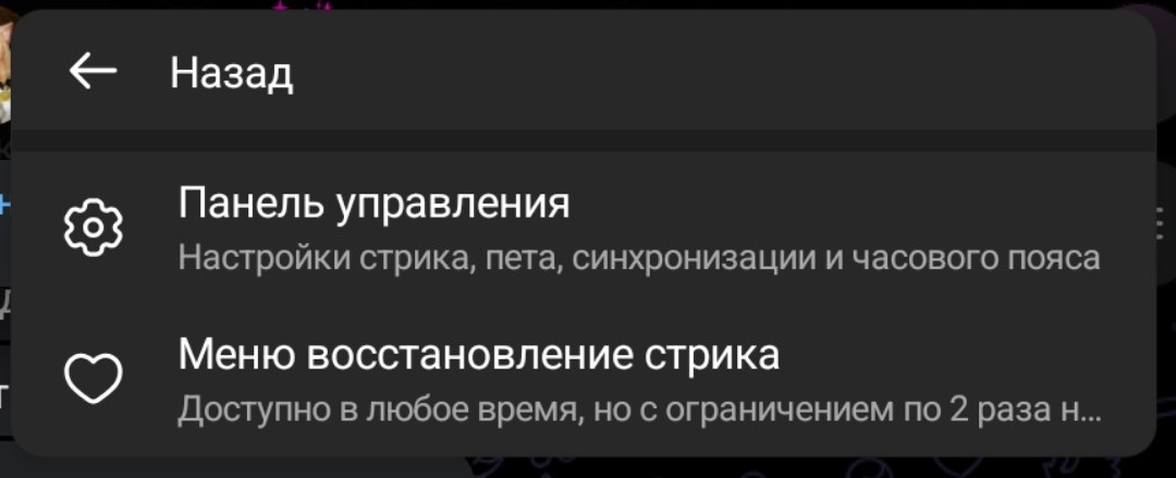 Открытое меню чата с пунктами Streaks